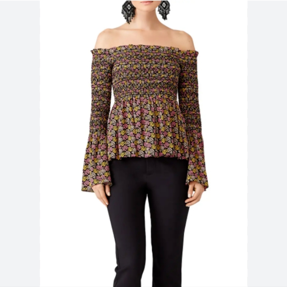 ALC Floral Smocked Bell Sleeves Off the Shoulder Boho Top Dainty Peasant Blouse